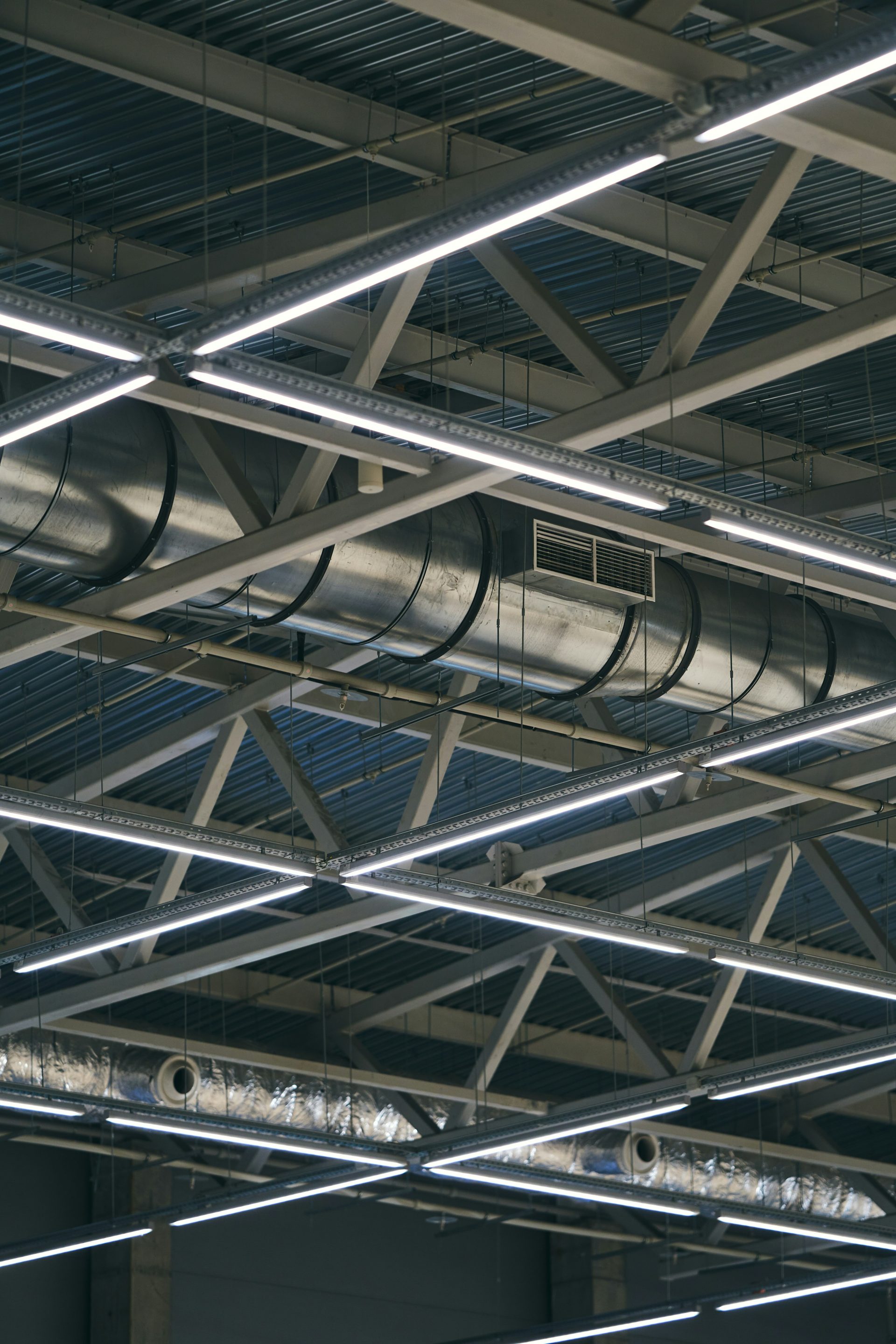 The ceiling of a building with a lot of lights